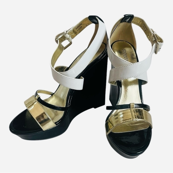 SHOEDAZZLE MORGANA Black Gold White Open Toe Platform Wedge Sandals Size 8 NIB - Picture 3 of 11